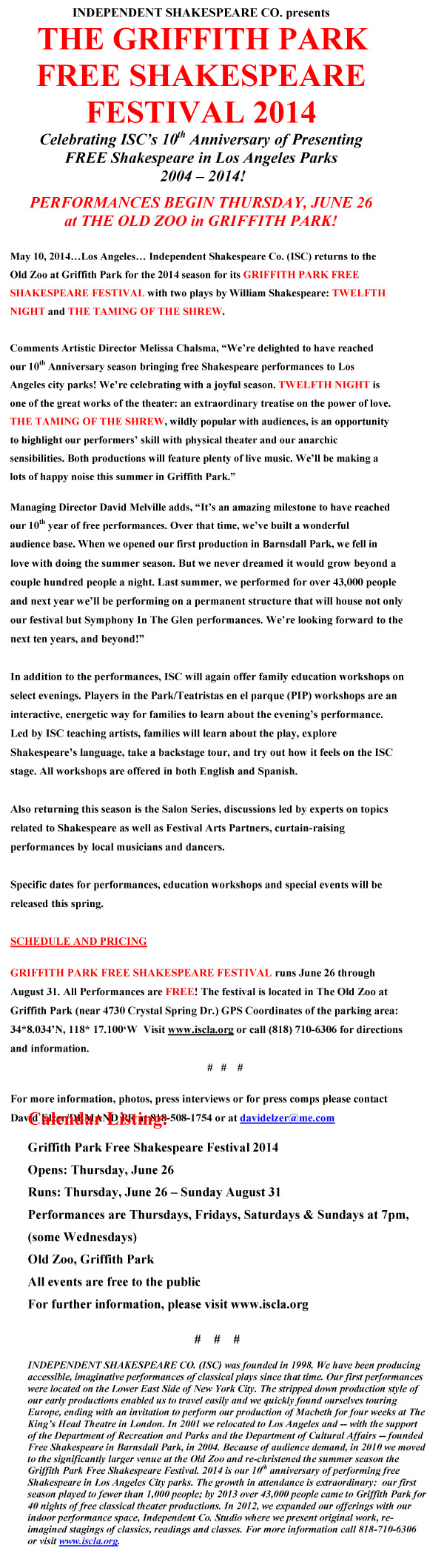 ISC - SHAKESPEARE IN THE PARK 2014 - PRESS RELEASE-1-2
